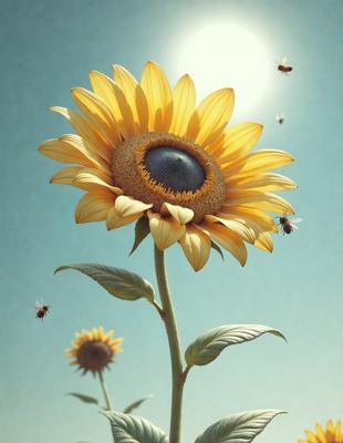 Primary subject: A yellow sunflower with a blue center.

Setting/background: The sunflower is in a field with a blue sky in the background.

Visual style: The image is a digital art or illustration of a sunflower.

Colors and mood: The sunflower is predominantly yellow with a blue center, creating a warm and vibrant atmosphere.